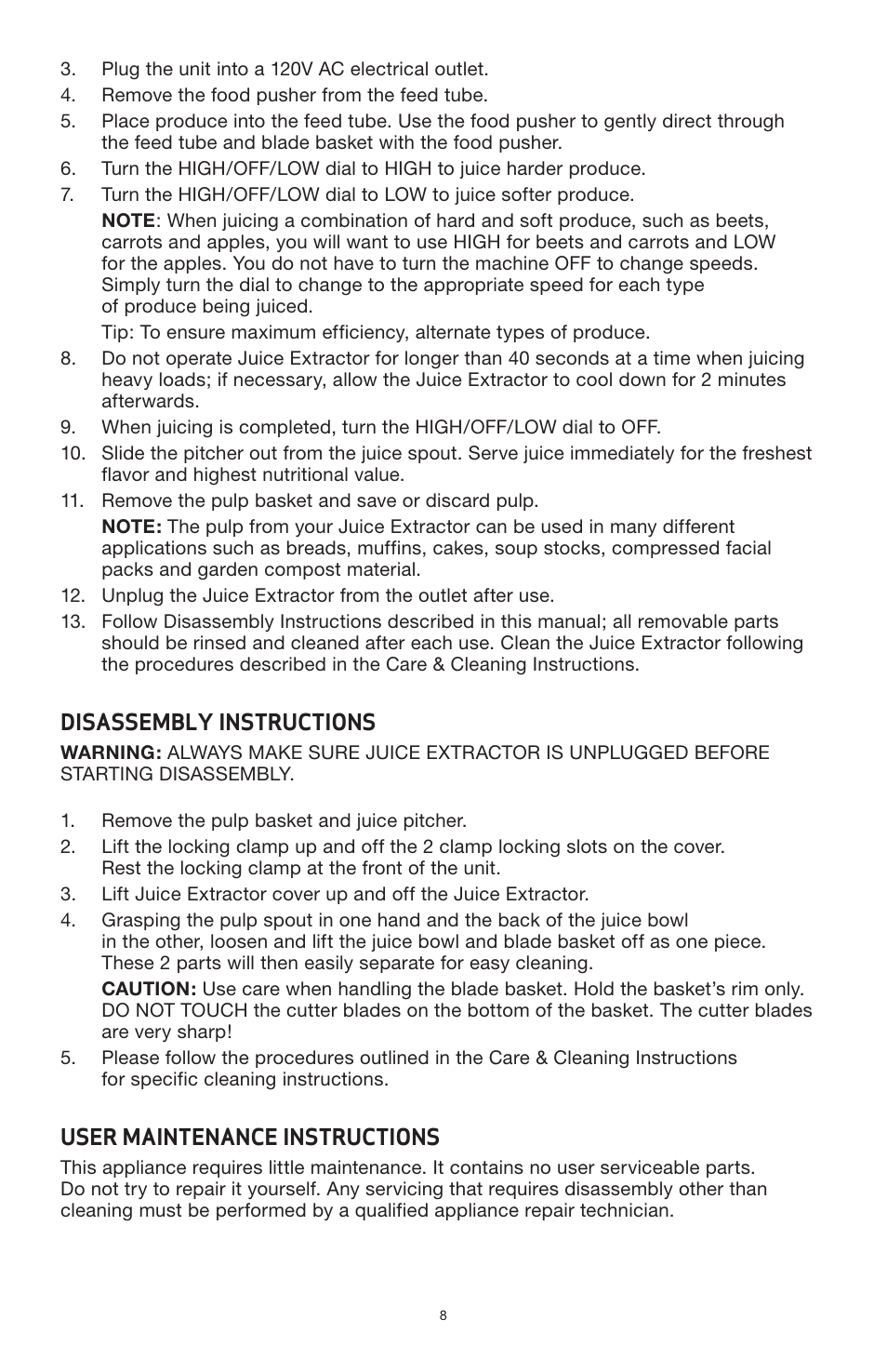 Disassembly instructions, User maintenance instructions | BELLA 13694 High Power Juicer User Manual | Page 10 / 36