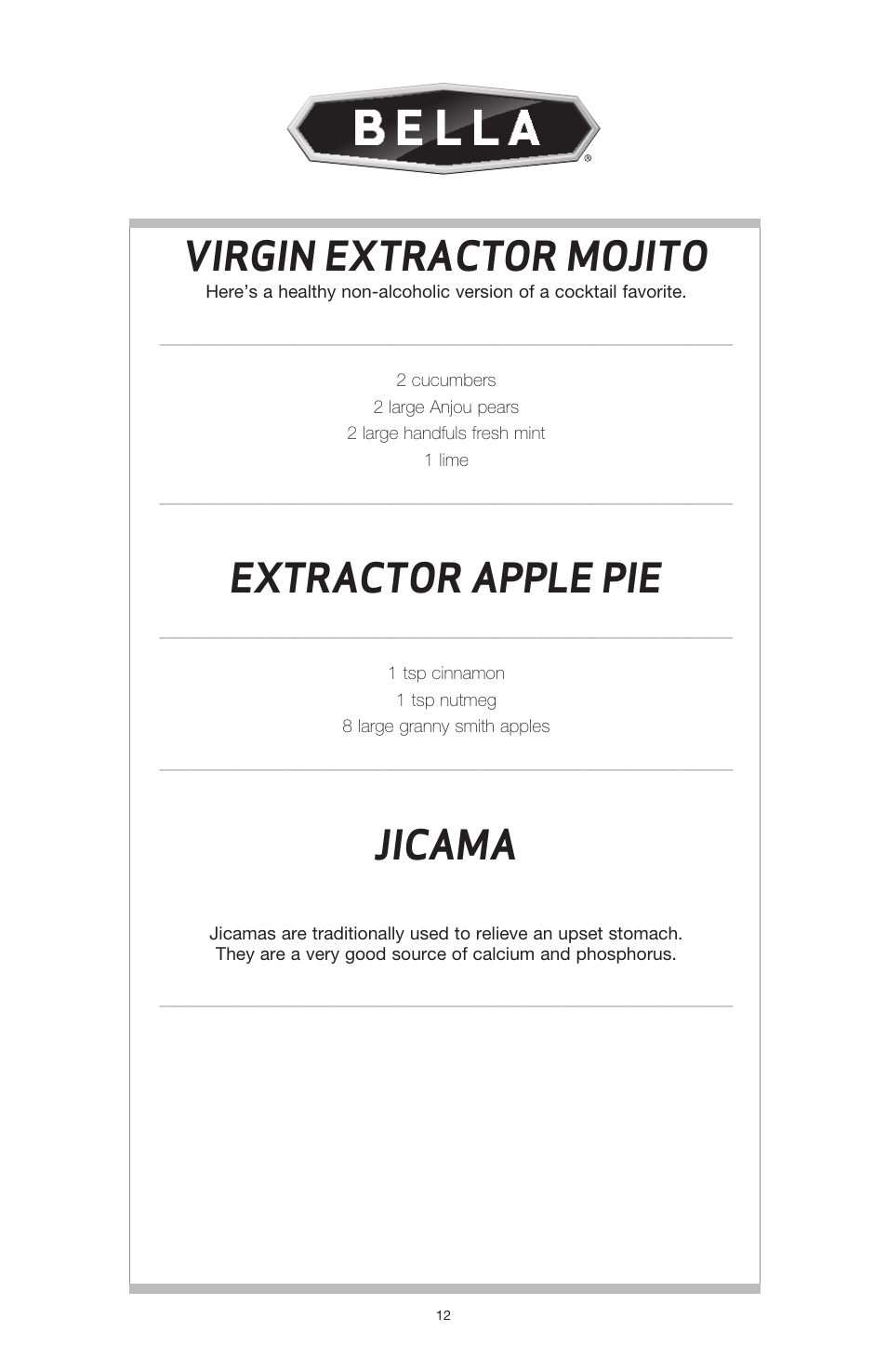 Virgin extractor mojito, Extractor apple pie, Jicama | BELLA 13694 High Power Juicer User Manual | Page 14 / 36