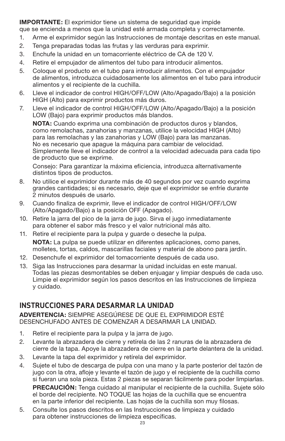 Instrucciones para desarmar la unidad | BELLA 13694 High Power Juicer User Manual | Page 25 / 36