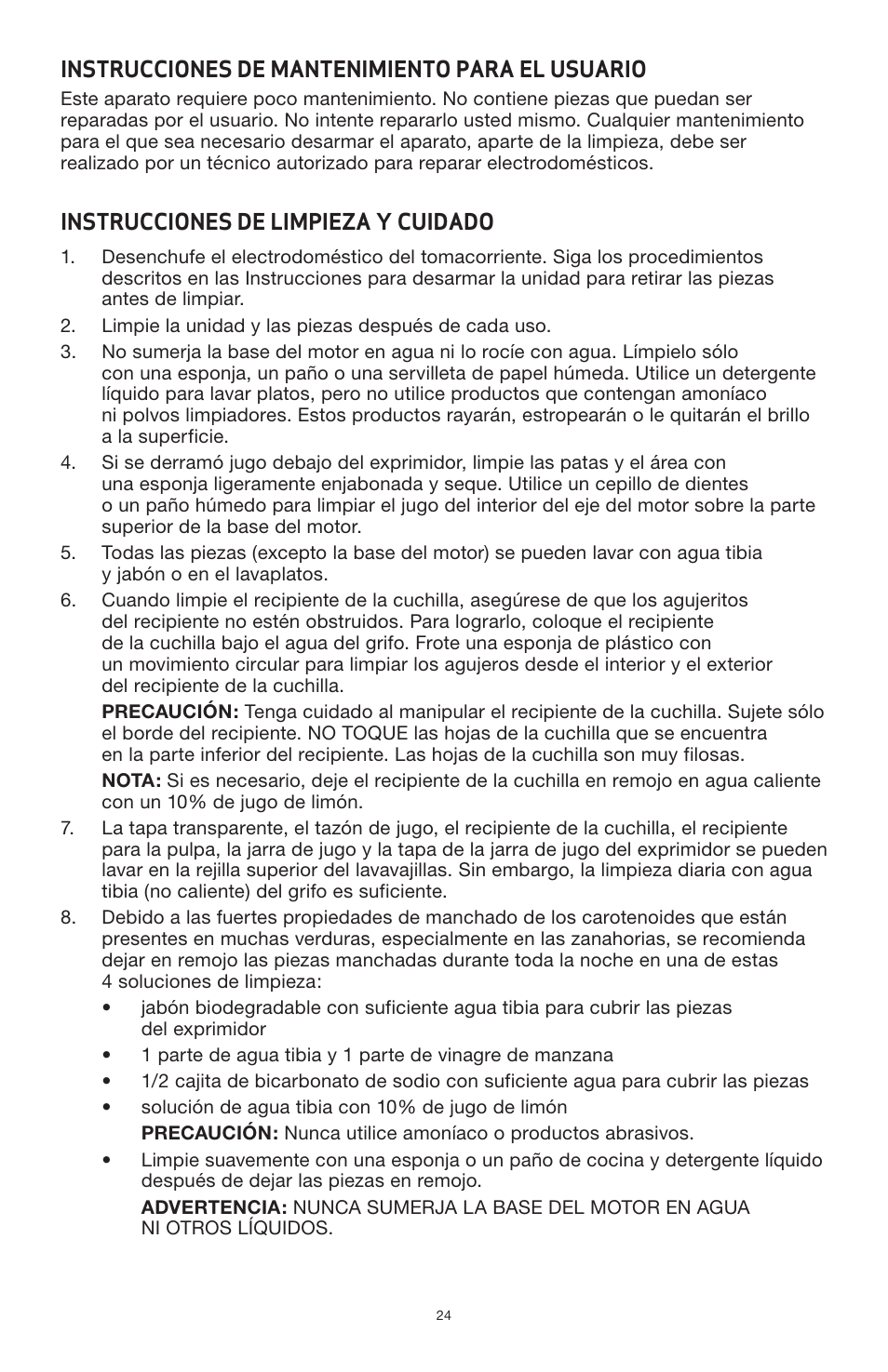 Instrucciones de mantenimiento para el usuario, Instrucciones de limpieza y cuidado | BELLA 13694 High Power Juicer User Manual | Page 26 / 36
