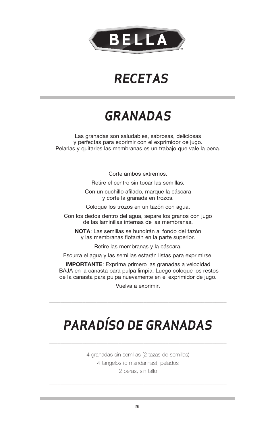 Granadas, Paradíso de granadas, Recetas | BELLA 13694 High Power Juicer User Manual | Page 28 / 36
