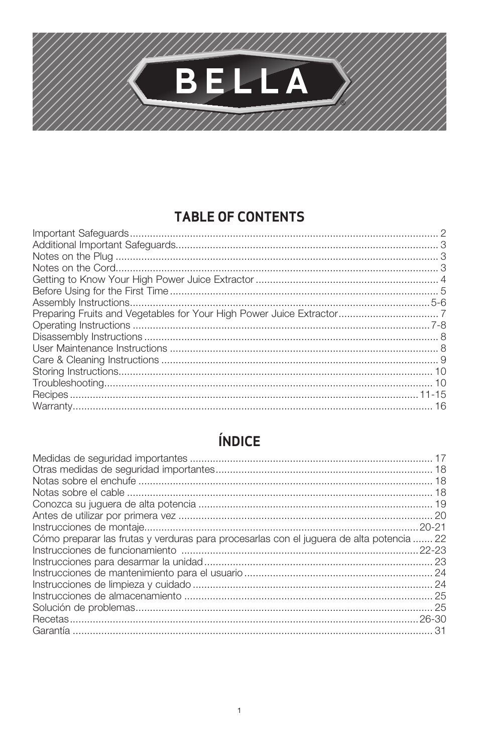 BELLA 13694 High Power Juicer User Manual | Page 3 / 36