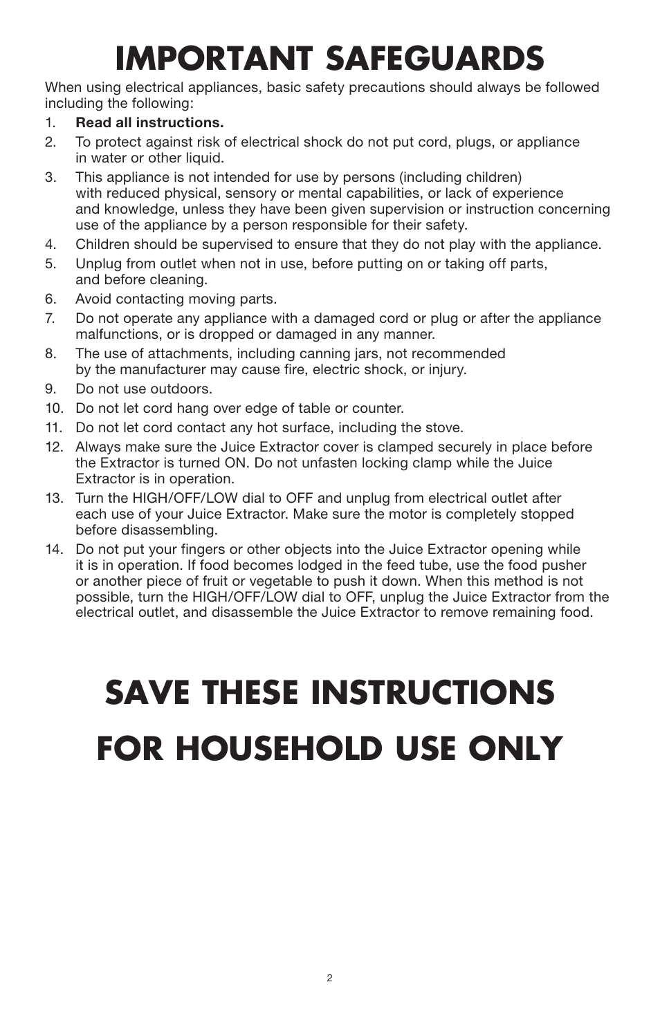 Important safeguards, Save these instructions for household use only | BELLA 13694 High Power Juicer User Manual | Page 4 / 36