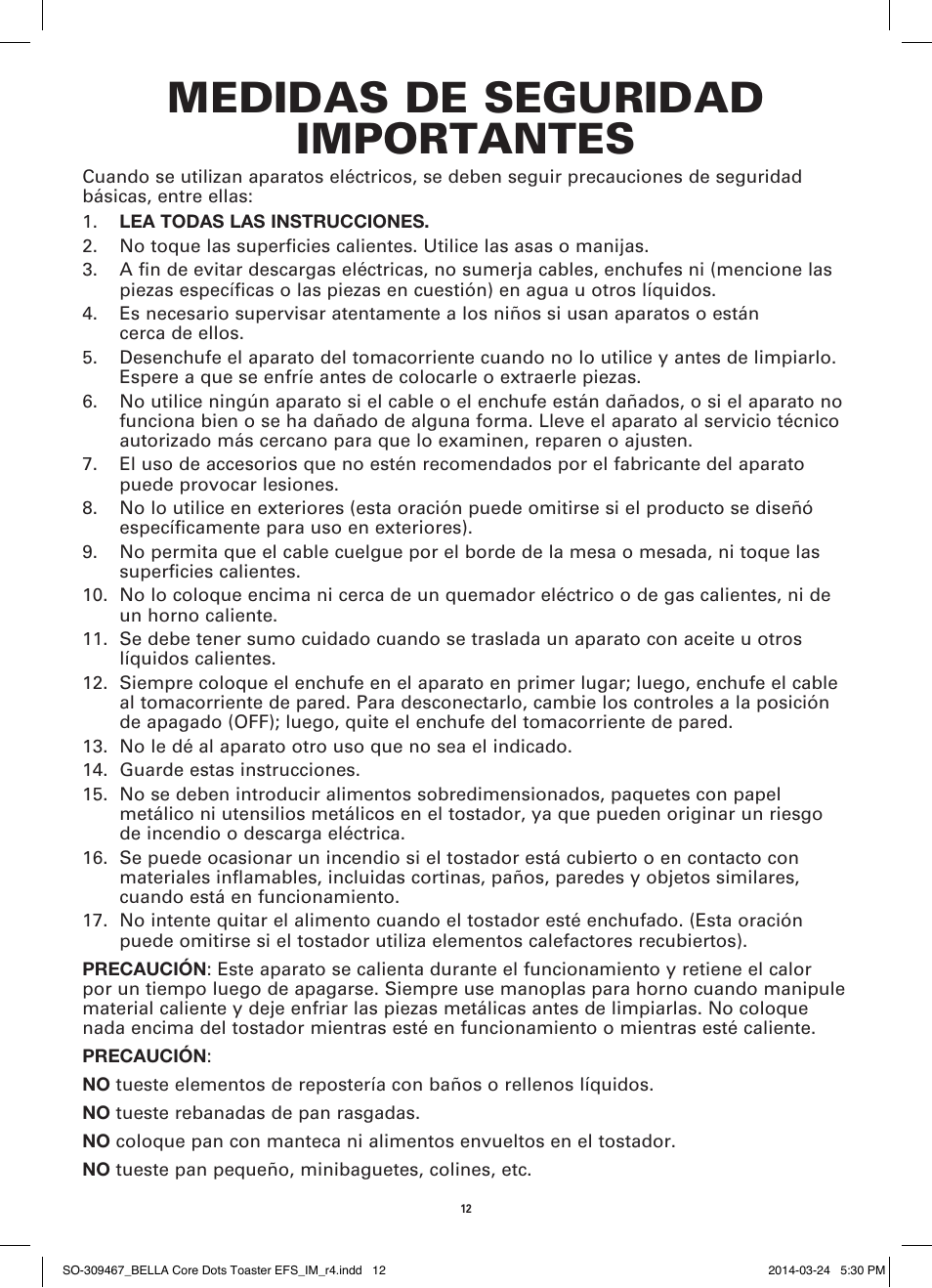 Medidas de seguridad importantes | BELLA 13788 Dots Collection 2-Slice Toaster User Manual | Page 14 / 20