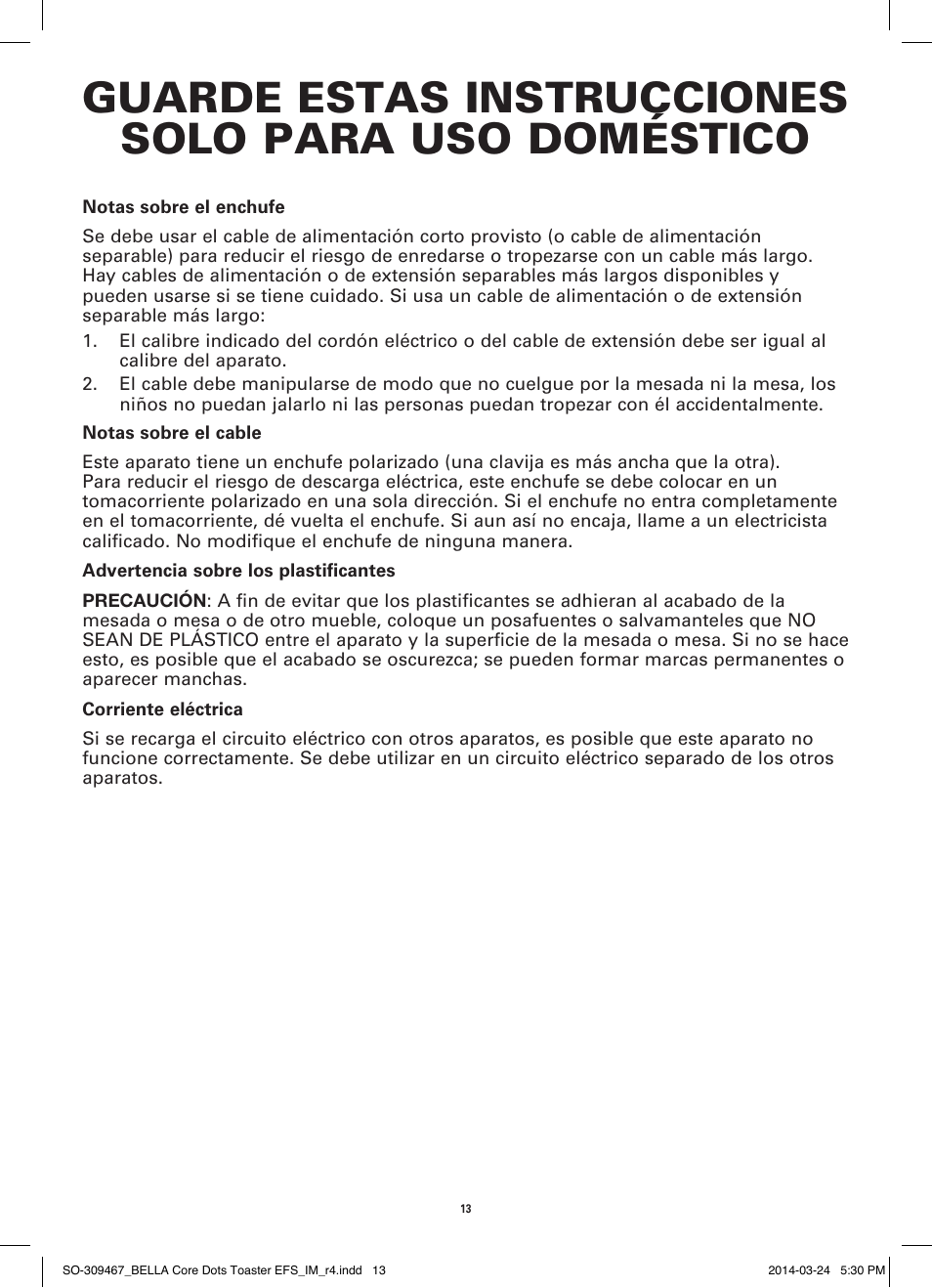 Guarde estas instrucciones solo para uso doméstico | BELLA 13788 Dots Collection 2-Slice Toaster User Manual | Page 15 / 20