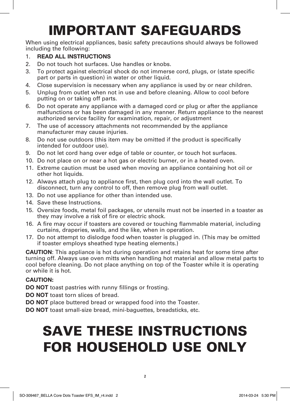 Important safeguards, Save these instructions for household use only | BELLA 13788 Dots Collection 2-Slice Toaster User Manual | Page 4 / 20