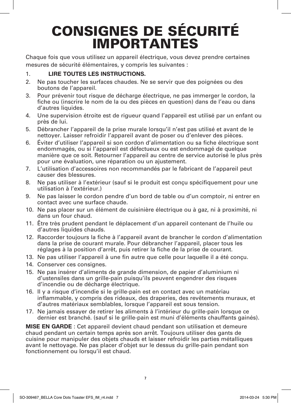 Consignes de sécurité importantes | BELLA 13788 Dots Collection 2-Slice Toaster User Manual | Page 9 / 20