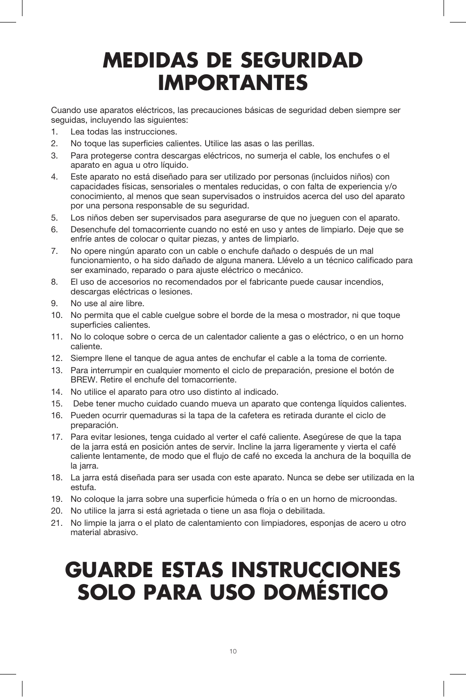 Medidas de seguridad importantes, Guarde estas instrucciones solo para uso doméstico | BELLA 13737 Dots Collection 12-Cup Manual Coffee Maker User Manual | Page 10 / 17