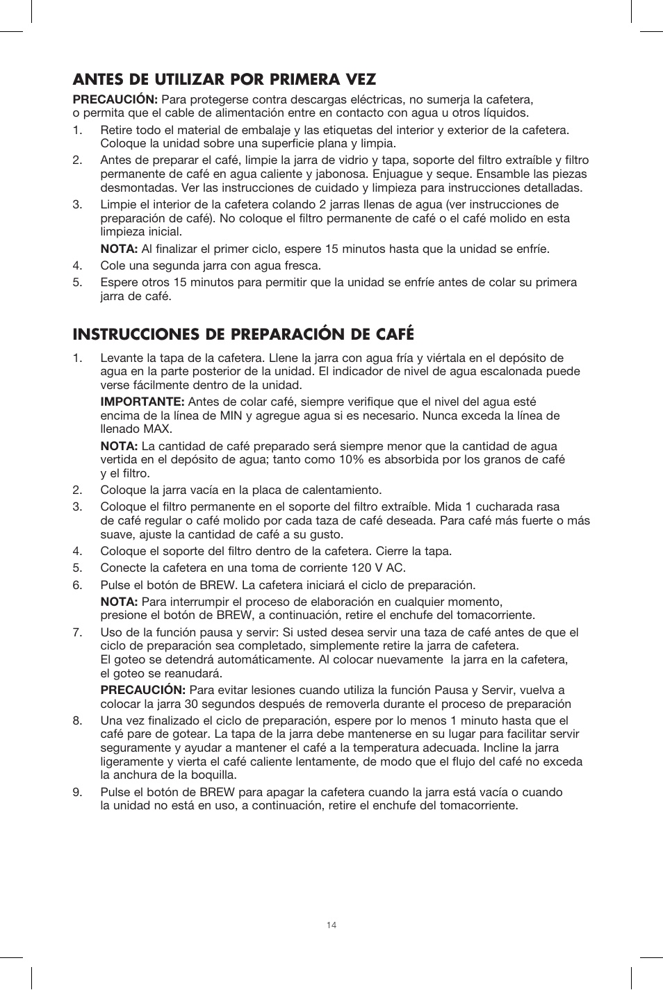 Antes de utilizar por primera vez, Instrucciones de preparación de café | BELLA 13737 Dots Collection 12-Cup Manual Coffee Maker User Manual | Page 14 / 17