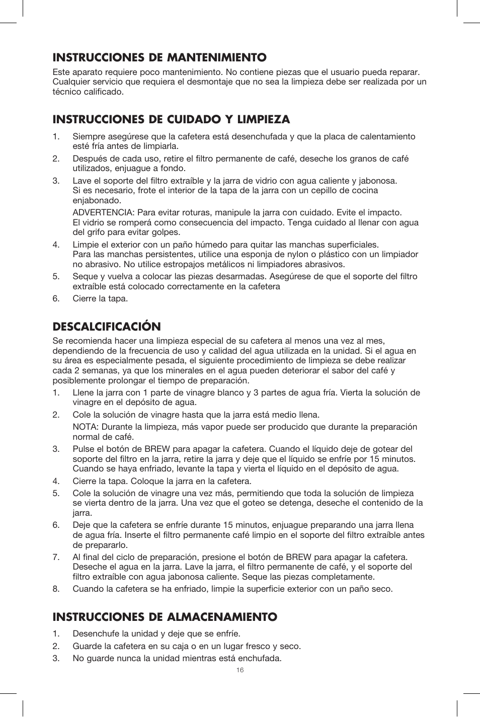 Instrucciones de mantenimiento, Instrucciones de cuidado y limpieza, Descalcificación | Instrucciones de almacenamiento | BELLA 13737 Dots Collection 12-Cup Manual Coffee Maker User Manual | Page 16 / 17