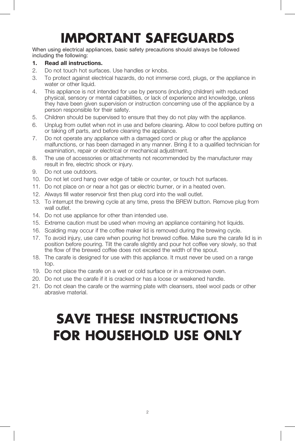 Important safeguards, Save these instructions for household use only | BELLA 13737 Dots Collection 12-Cup Manual Coffee Maker User Manual | Page 2 / 17