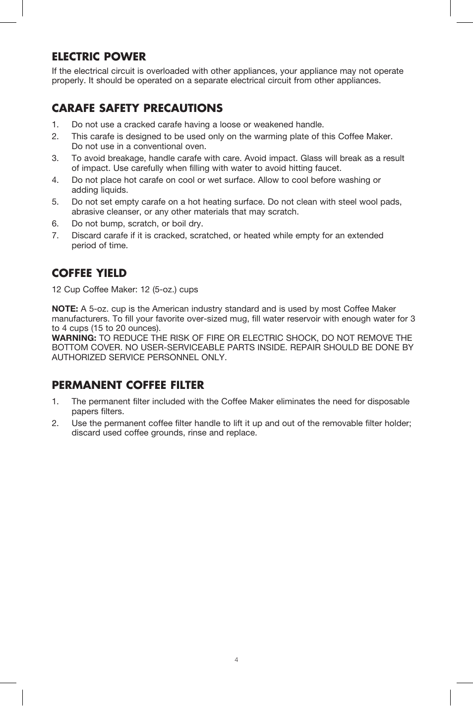 Electric power, Carafe safety precautions, Coffee yield | Permanent coffee filter | BELLA 13737 Dots Collection 12-Cup Manual Coffee Maker User Manual | Page 4 / 17