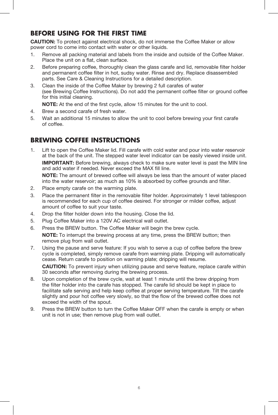 Before using for the first time, Brewing coffee instructions | BELLA 13737 Dots Collection 12-Cup Manual Coffee Maker User Manual | Page 6 / 17