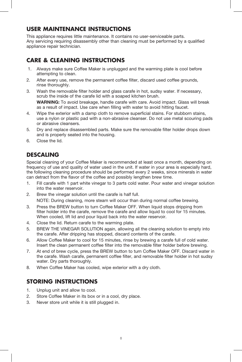 User maintenance instructions, Care & cleaning instructions, Descaling | Storing instructions | BELLA 13737 Dots Collection 12-Cup Manual Coffee Maker User Manual | Page 8 / 17