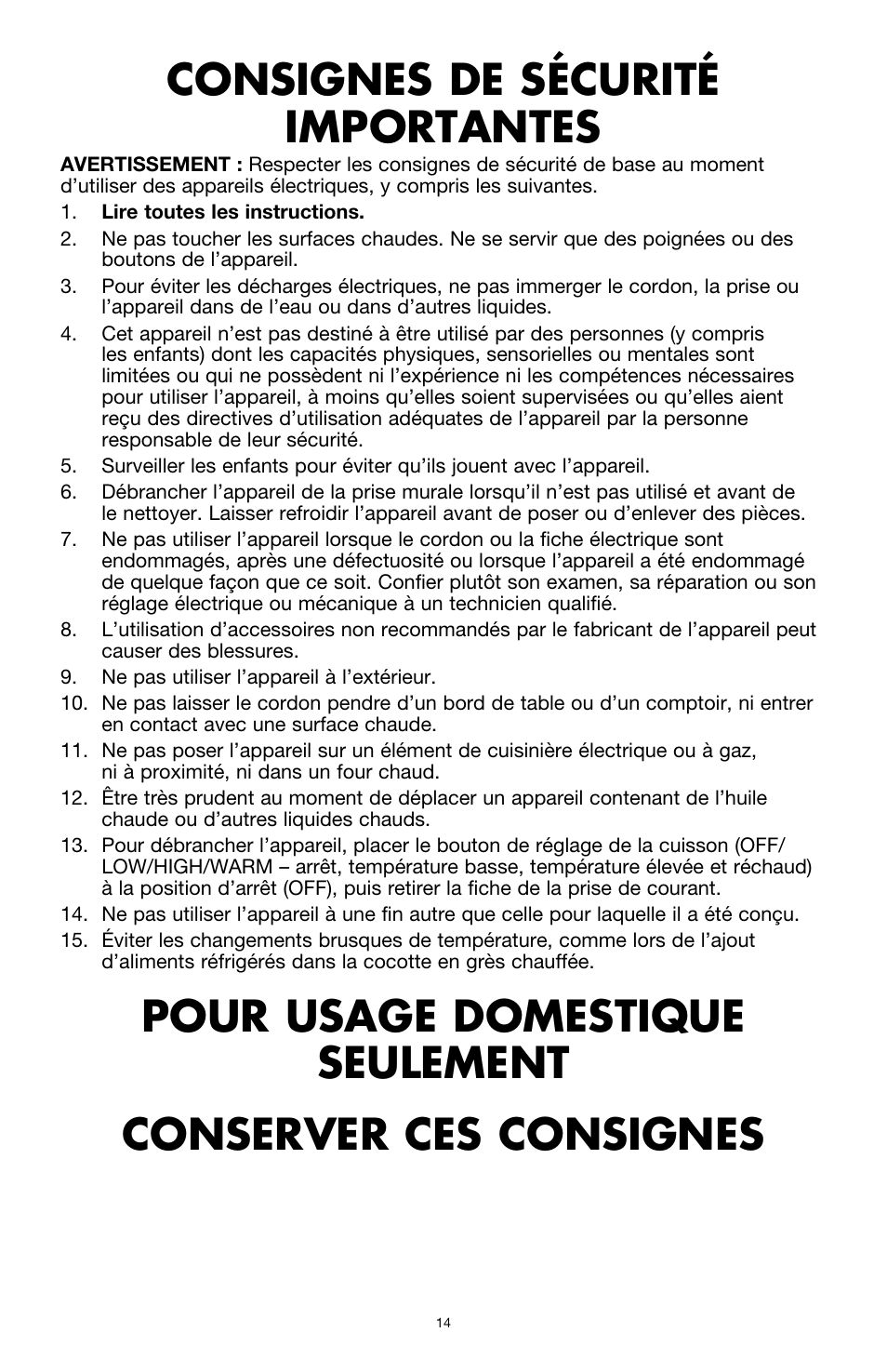 Consignes de sécurité importantes | BELLA 13727 Diamonds Collection 6QT Slow Cooker User Manual | Page 15 / 40