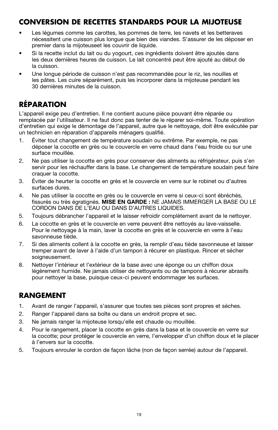 Conversion de recettes standards pour la mijoteuse, Réparation, Rangement | BELLA 13727 Diamonds Collection 6QT Slow Cooker User Manual | Page 20 / 40