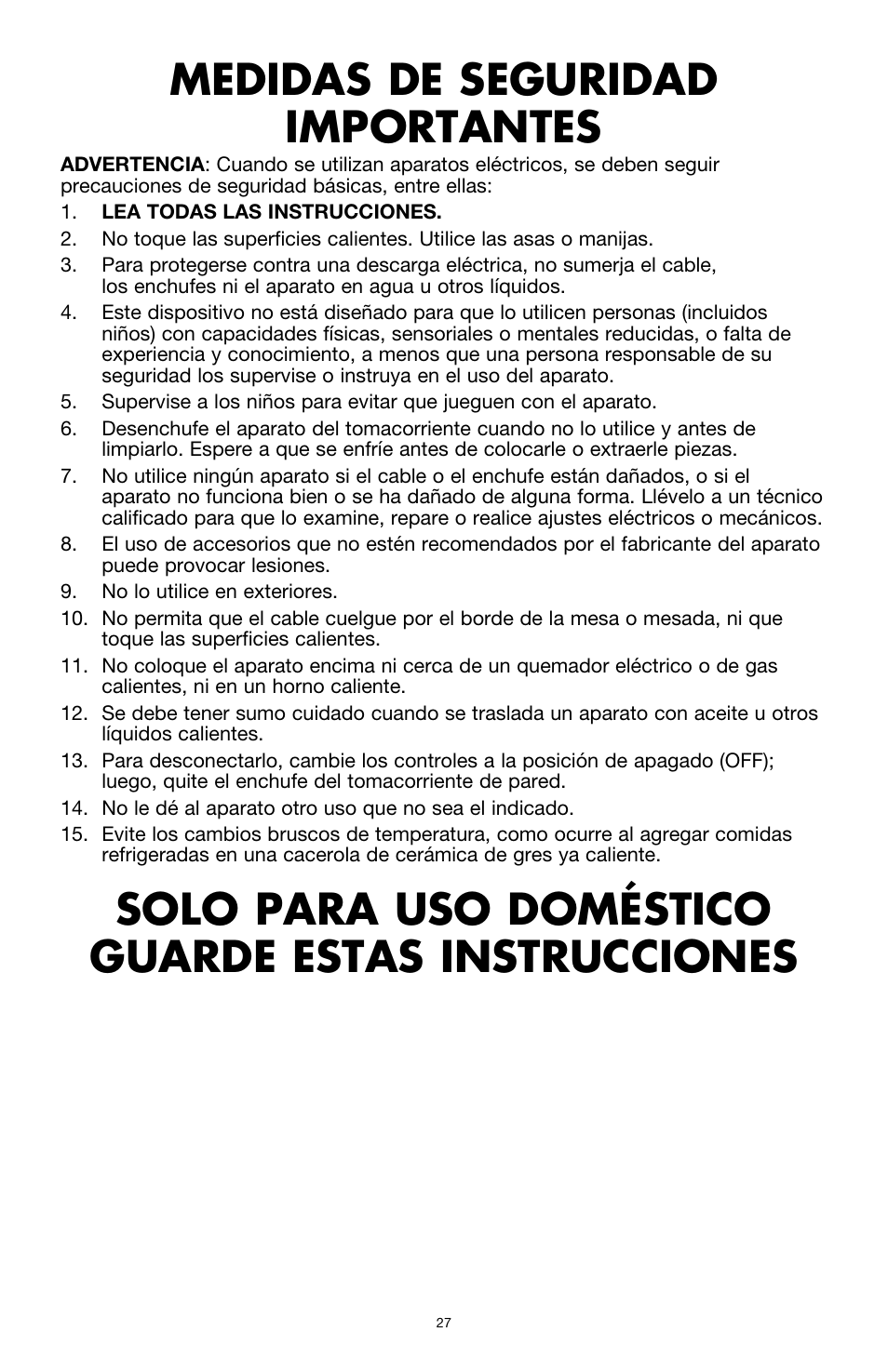 Medidas de seguridad importantes, Solo para uso doméstico guarde estas instrucciones | BELLA 13727 Diamonds Collection 6QT Slow Cooker User Manual | Page 28 / 40