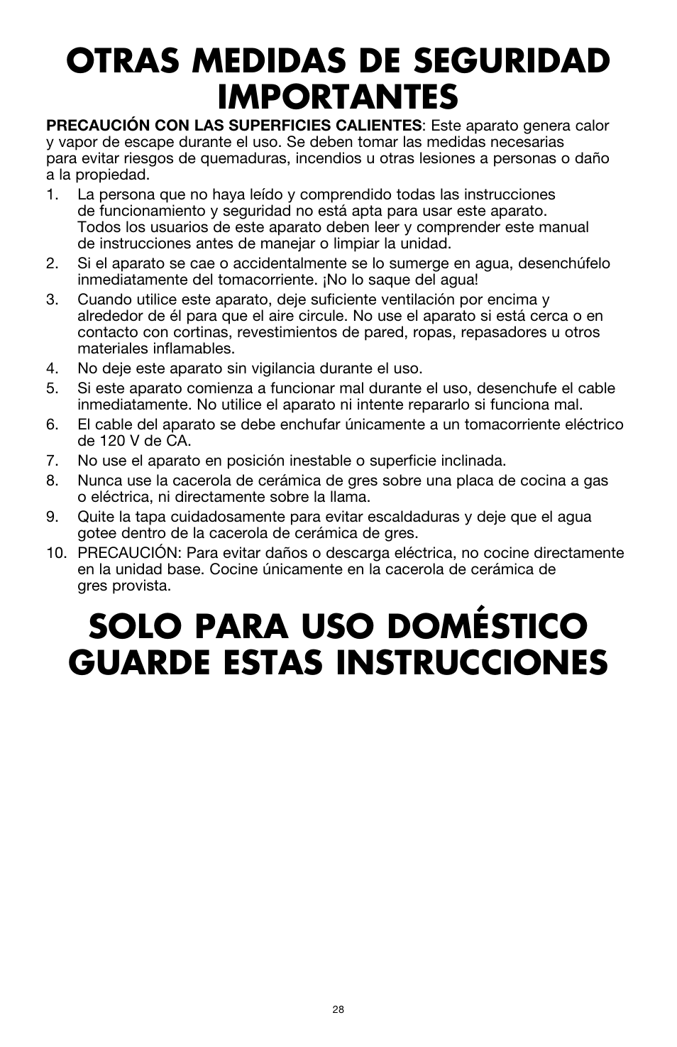 Otras medidas de seguridad importantes, Solo para uso doméstico guarde estas instrucciones | BELLA 13727 Diamonds Collection 6QT Slow Cooker User Manual | Page 29 / 40