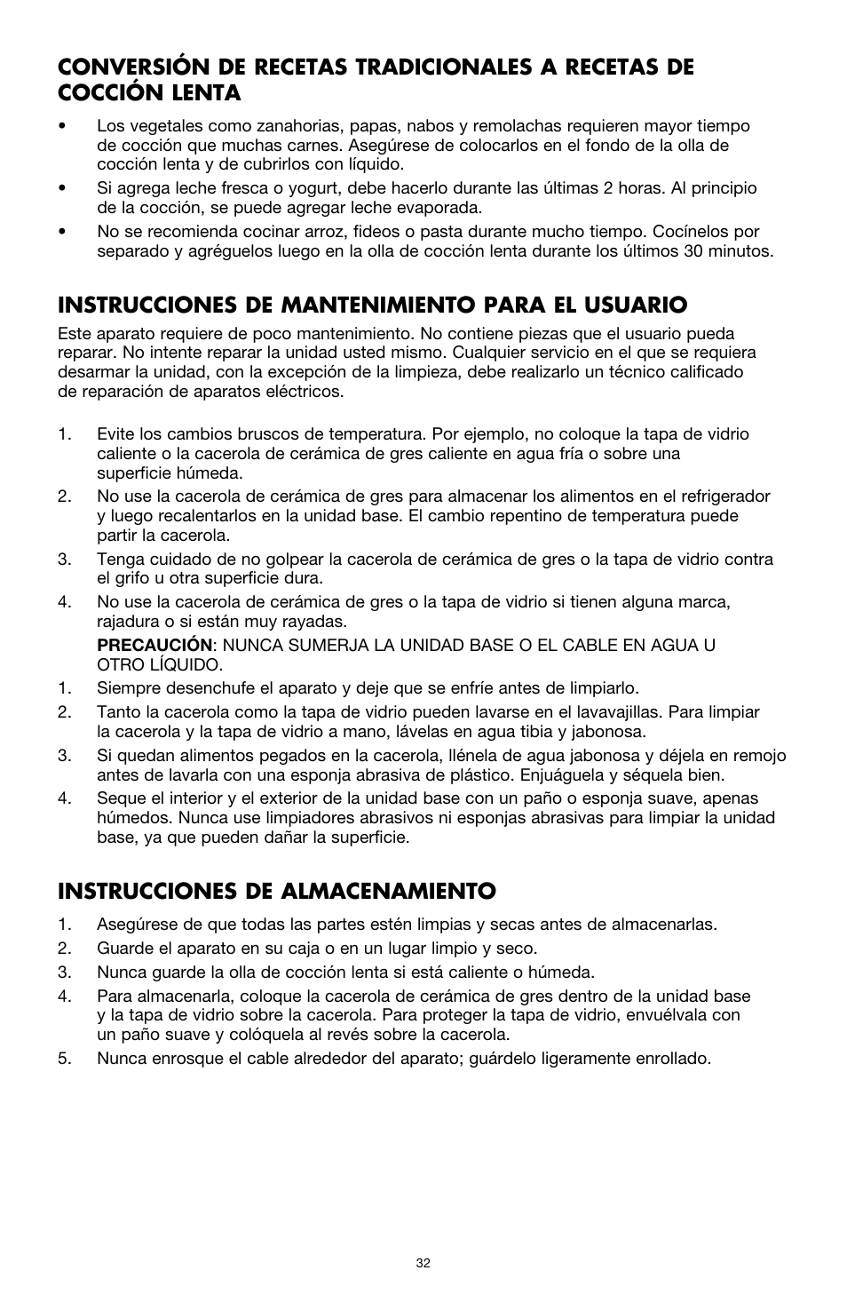 Instrucciones de mantenimiento para el usuario, Instrucciones de almacenamiento | BELLA 13727 Diamonds Collection 6QT Slow Cooker User Manual | Page 33 / 40