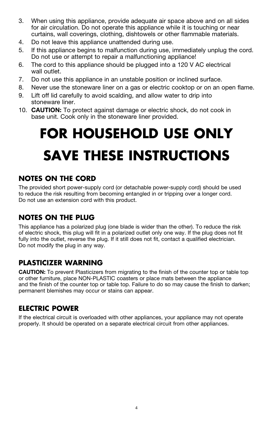 For household use only save these instructions | BELLA 13727 Diamonds Collection 6QT Slow Cooker User Manual | Page 5 / 40