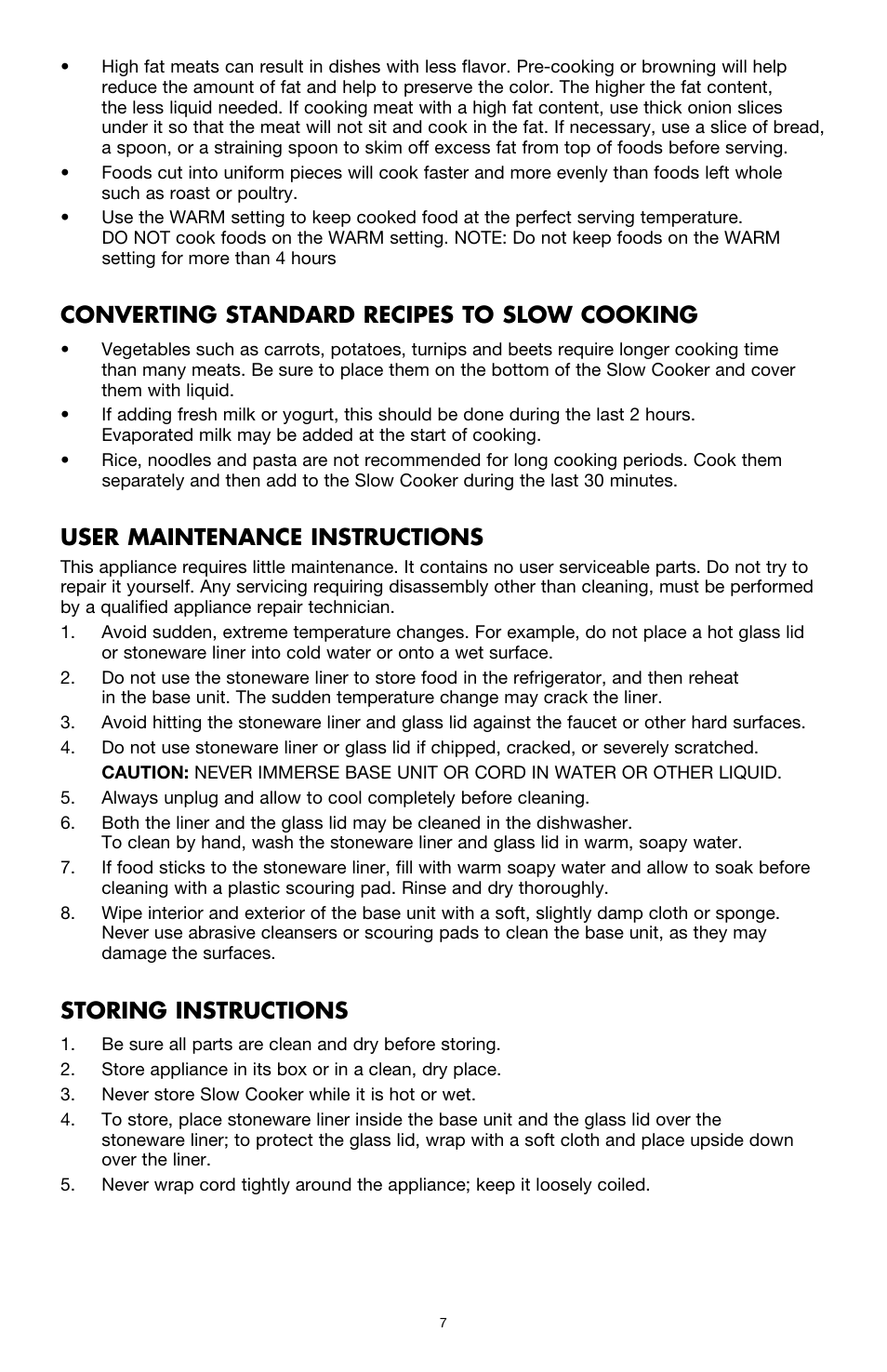 Converting standard recipes to slow cooking, User maintenance instructions, Storing instructions | BELLA 13727 Diamonds Collection 6QT Slow Cooker User Manual | Page 8 / 40