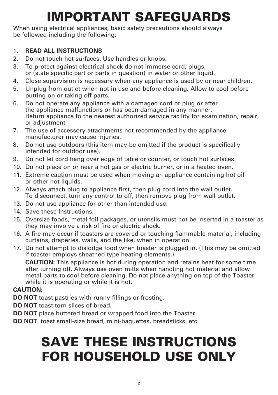 Important safeguards, Save these instructions for household use only | BELLA 14087 Linea Collection 4-Slice Long Slot Toaster User Manual | Page 4 / 20