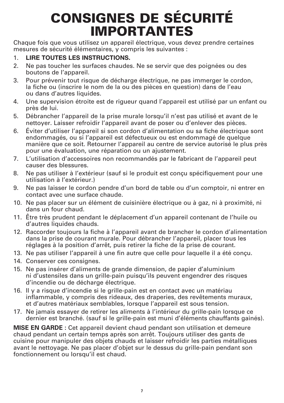 Consignes de sécurité importantes | BELLA 14087 Linea Collection 4-Slice Long Slot Toaster User Manual | Page 9 / 20