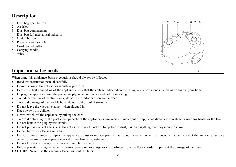 Description, Important safeguards | Hyundai H-VC1581 User Manual | Page 2 / 9