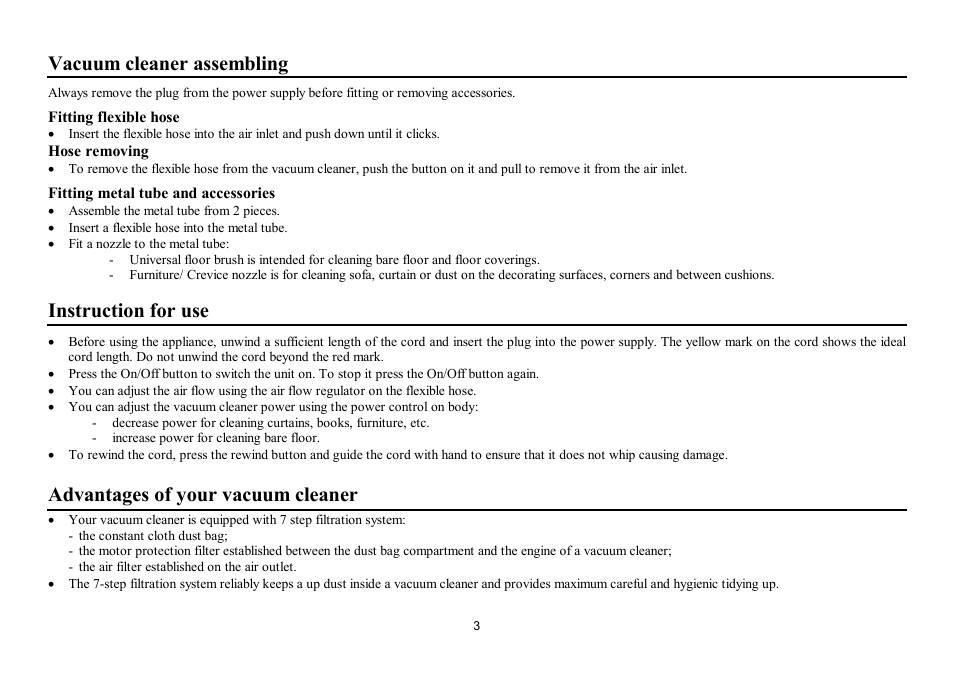 Vacuum cleaner assembling, Instruction for use, Advantages of your vacuum cleaner | Hyundai H-VC1581 User Manual | Page 3 / 9
