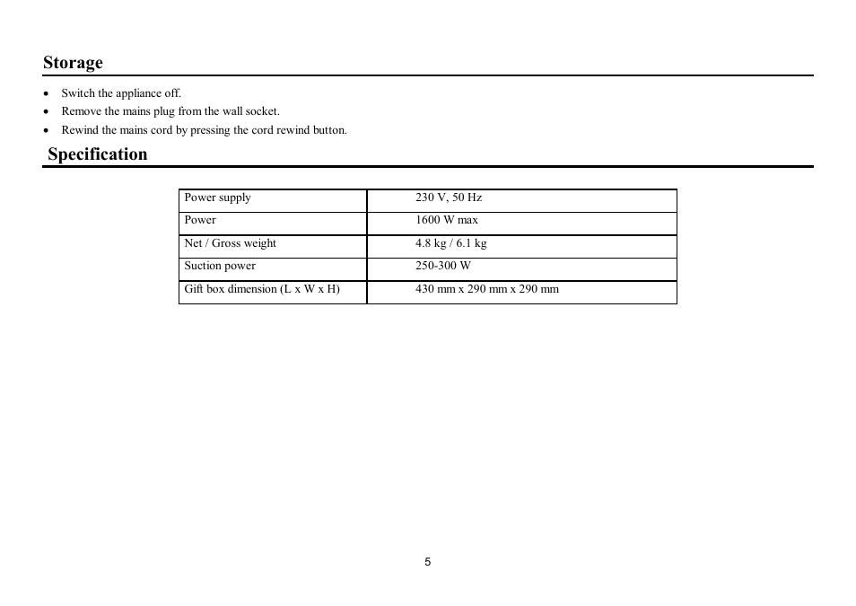 Storage, Specification | Hyundai H-VC1581 User Manual | Page 5 / 9