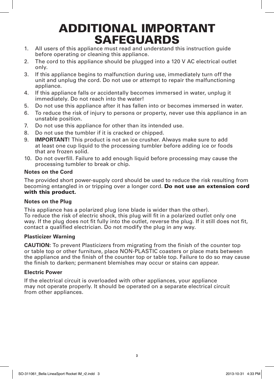 Additional important safeguards | BELLA 14113 Linea Collection Sport Rocket Blender User Manual | Page 5 / 28