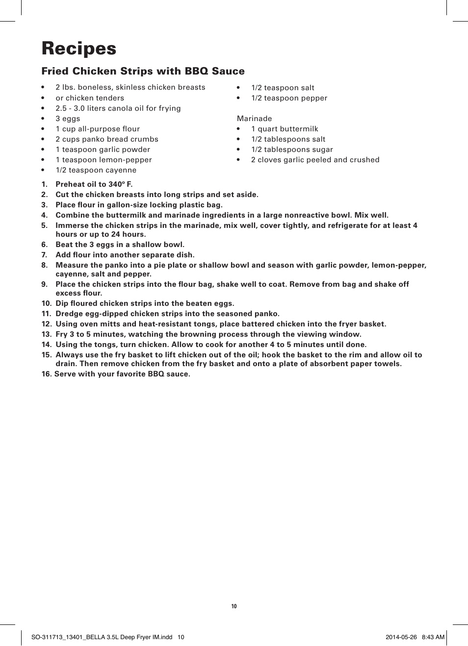Recipes, Fried chicken strips with bbq sauce | BELLA 13401 3.5L Deep Fryer User Manual | Page 12 / 40