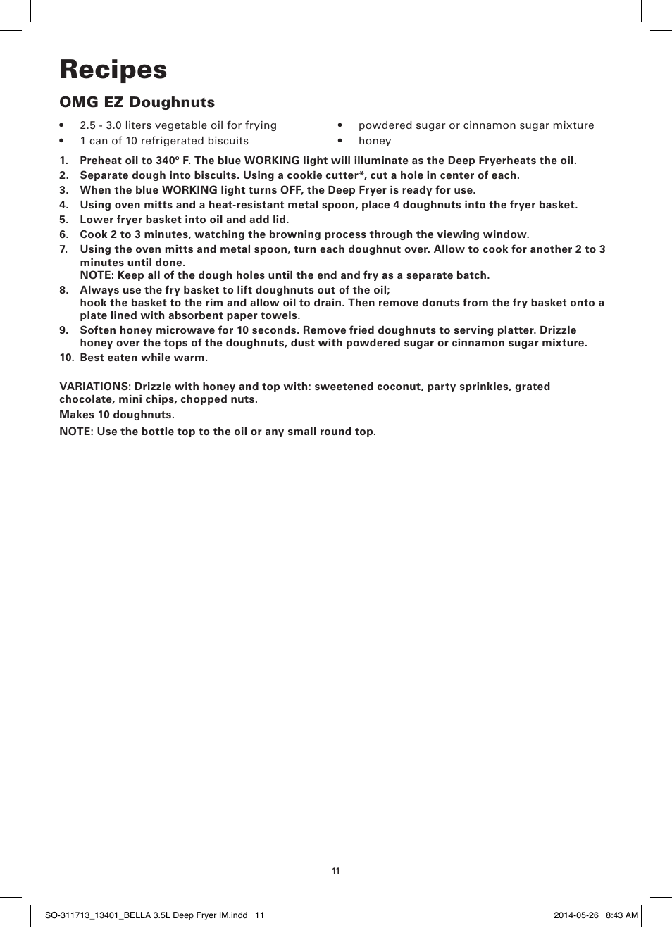 Recipes, Omg ez doughnuts | BELLA 13401 3.5L Deep Fryer User Manual | Page 13 / 40