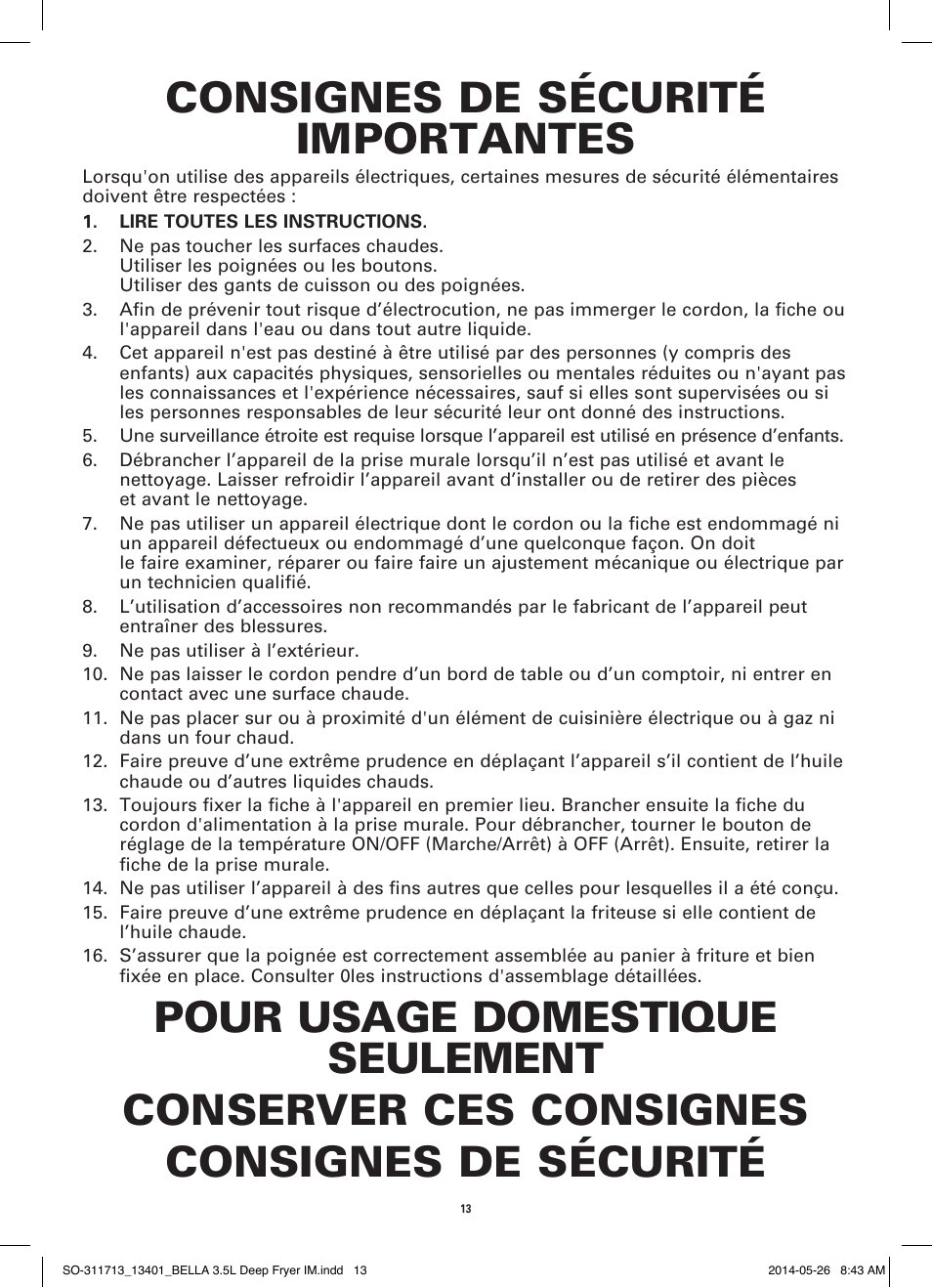 Consignes de sécurité importantes | BELLA 13401 3.5L Deep Fryer User Manual | Page 15 / 40