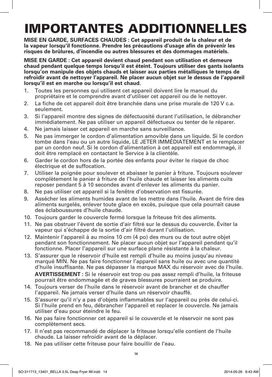 Importantes additionnelles | BELLA 13401 3.5L Deep Fryer User Manual | Page 16 / 40