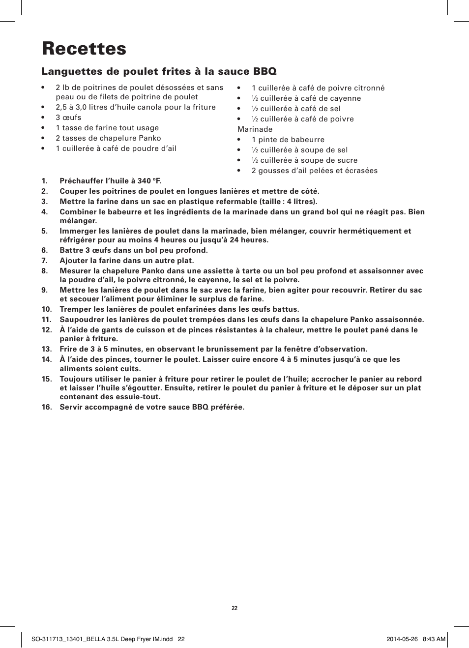 Recettes, Languettes de poulet frites à la sauce bbq | BELLA 13401 3.5L Deep Fryer User Manual | Page 24 / 40
