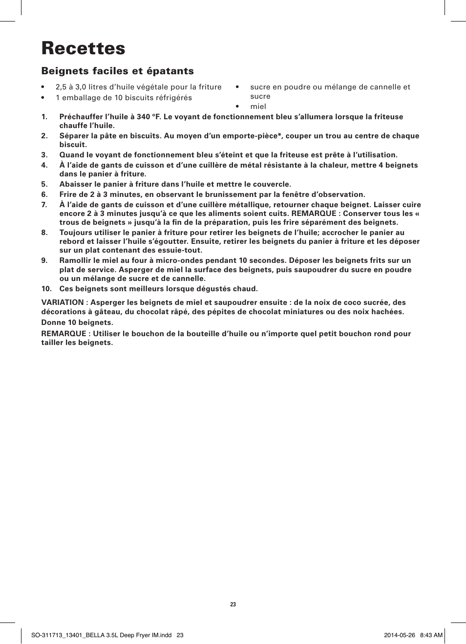 Recettes, Beignets faciles et épatants | BELLA 13401 3.5L Deep Fryer User Manual | Page 25 / 40