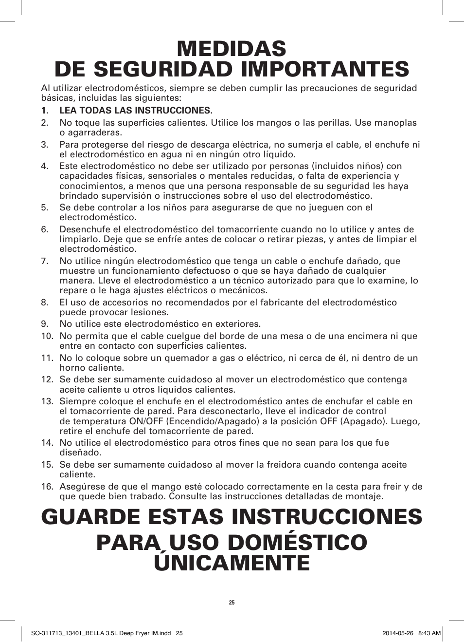 Medidas de seguridad importantes | BELLA 13401 3.5L Deep Fryer User Manual | Page 27 / 40