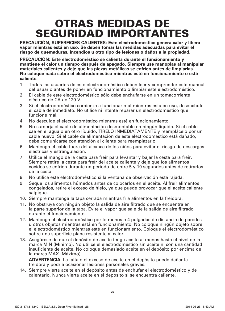 Otras medidas de seguridad importantes | BELLA 13401 3.5L Deep Fryer User Manual | Page 28 / 40