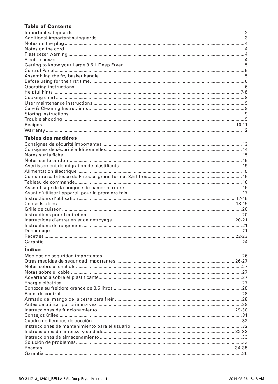 BELLA 13401 3.5L Deep Fryer User Manual | Page 3 / 40