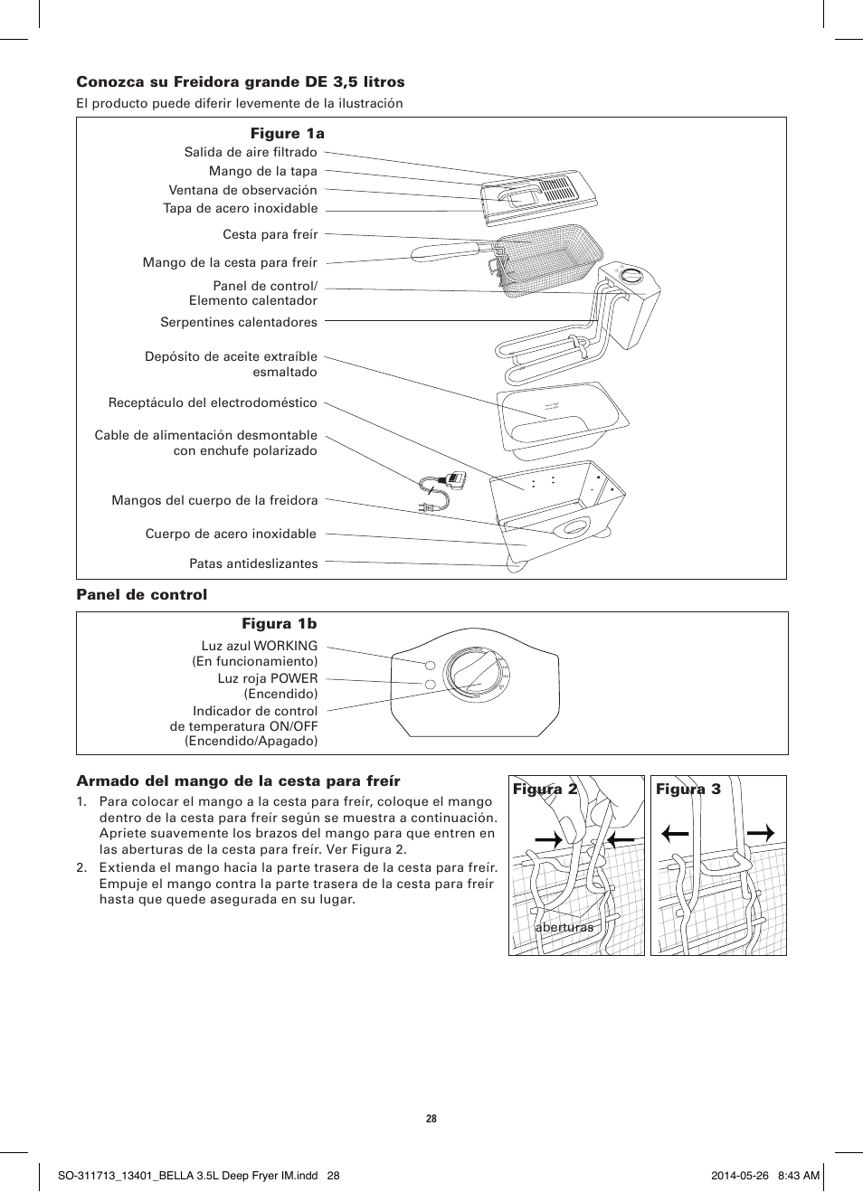 Conozca su freidora grande de 3,5 litros, Figure 1a, Panel de control | Figura 1b, Armado del mango de la cesta para freír, Figura 2 figura 3 | BELLA 13401 3.5L Deep Fryer User Manual | Page 30 / 40