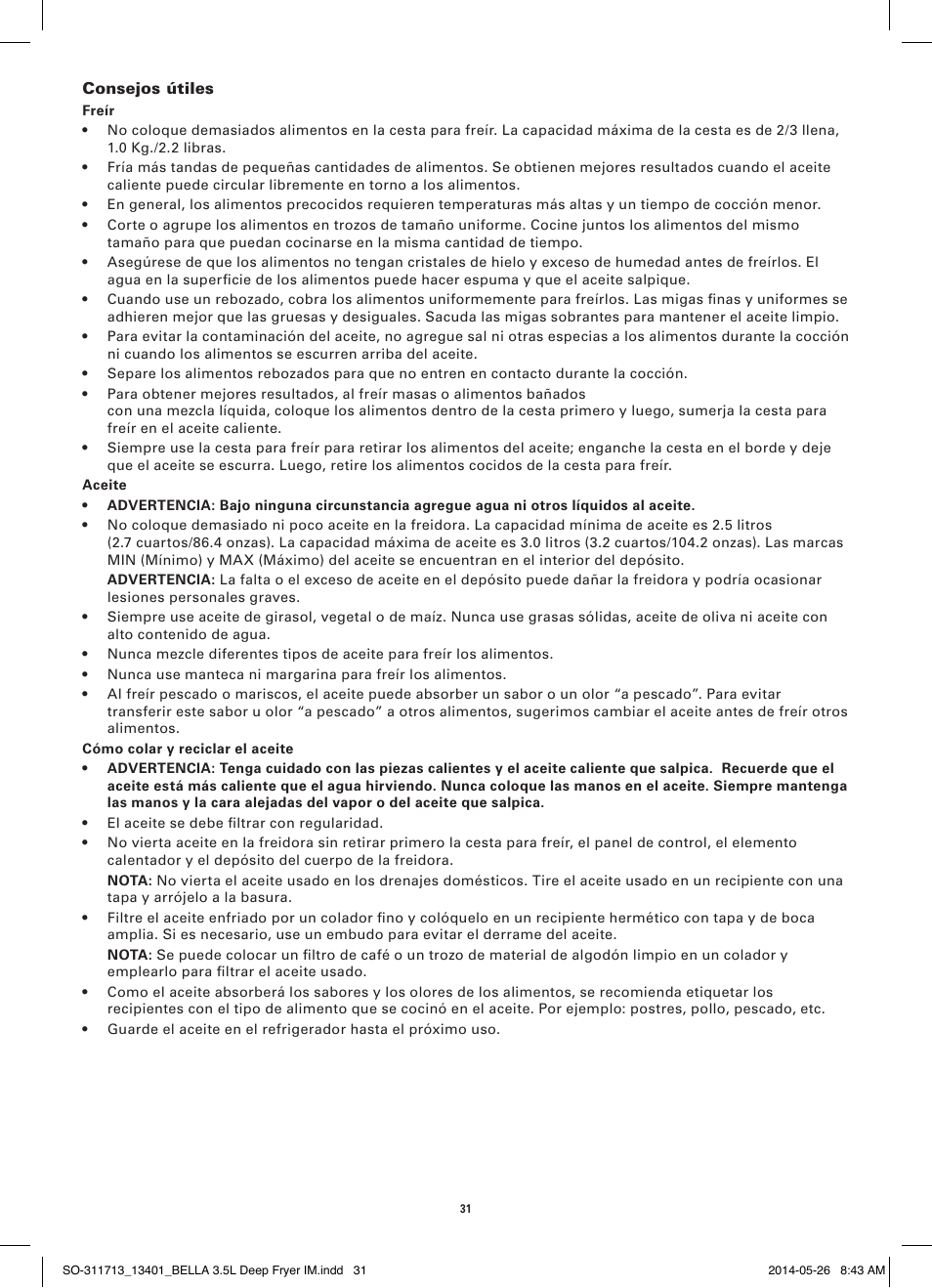 BELLA 13401 3.5L Deep Fryer User Manual | Page 33 / 40