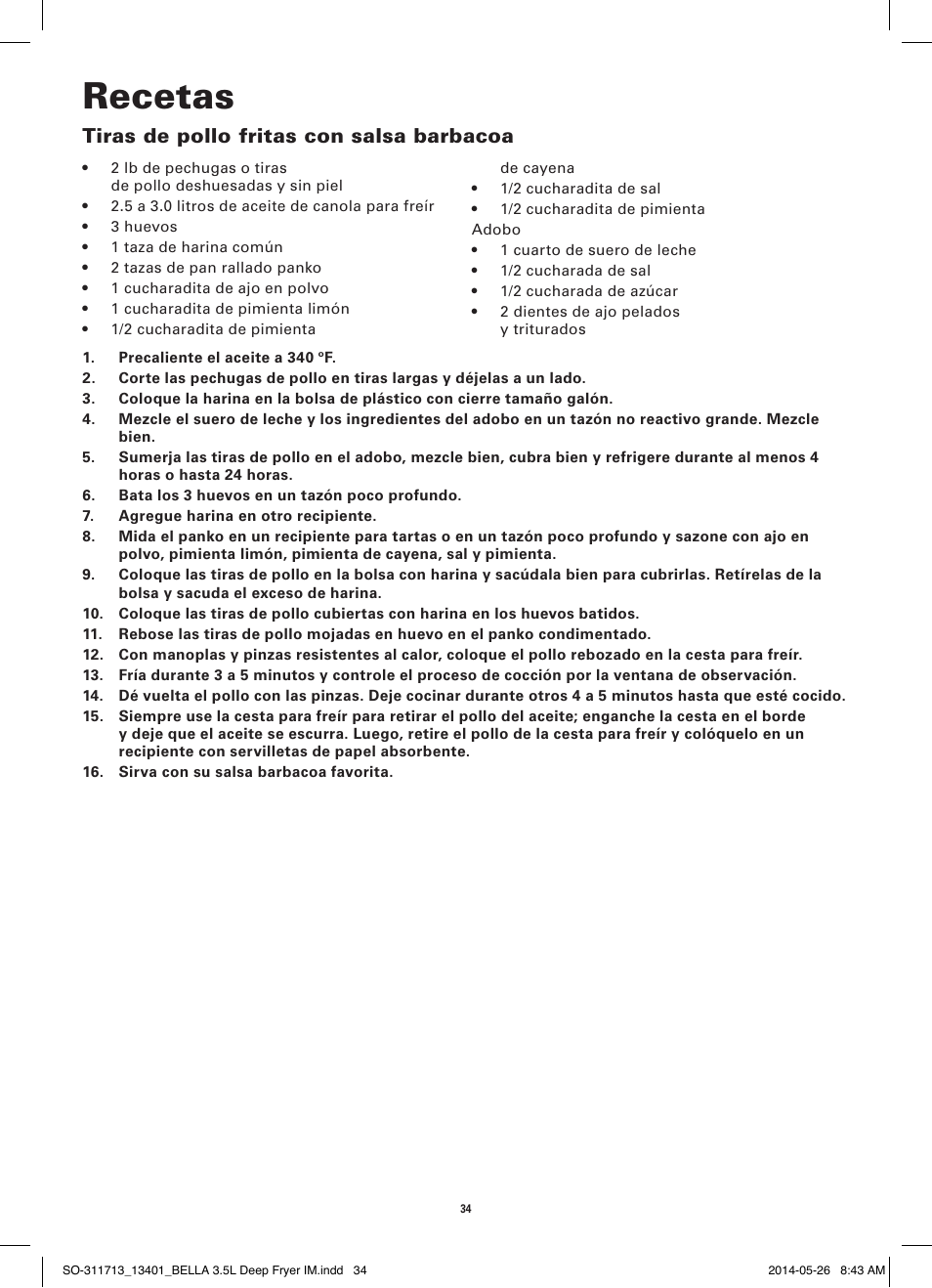 Recetas, Tiras de pollo fritas con salsa barbacoa | BELLA 13401 3.5L Deep Fryer User Manual | Page 36 / 40