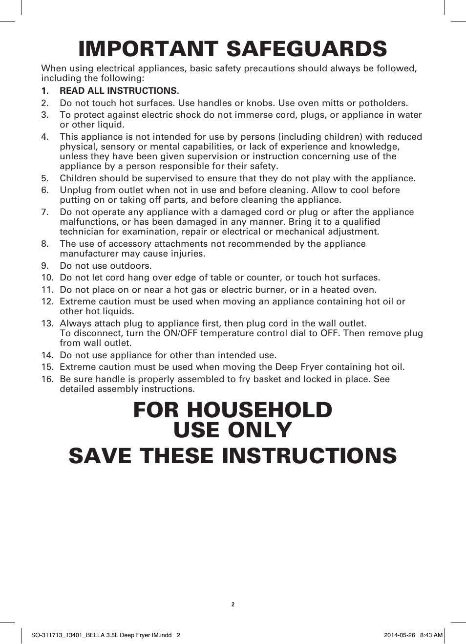 Important safeguards, For household use only save these instructions | BELLA 13401 3.5L Deep Fryer User Manual | Page 4 / 40