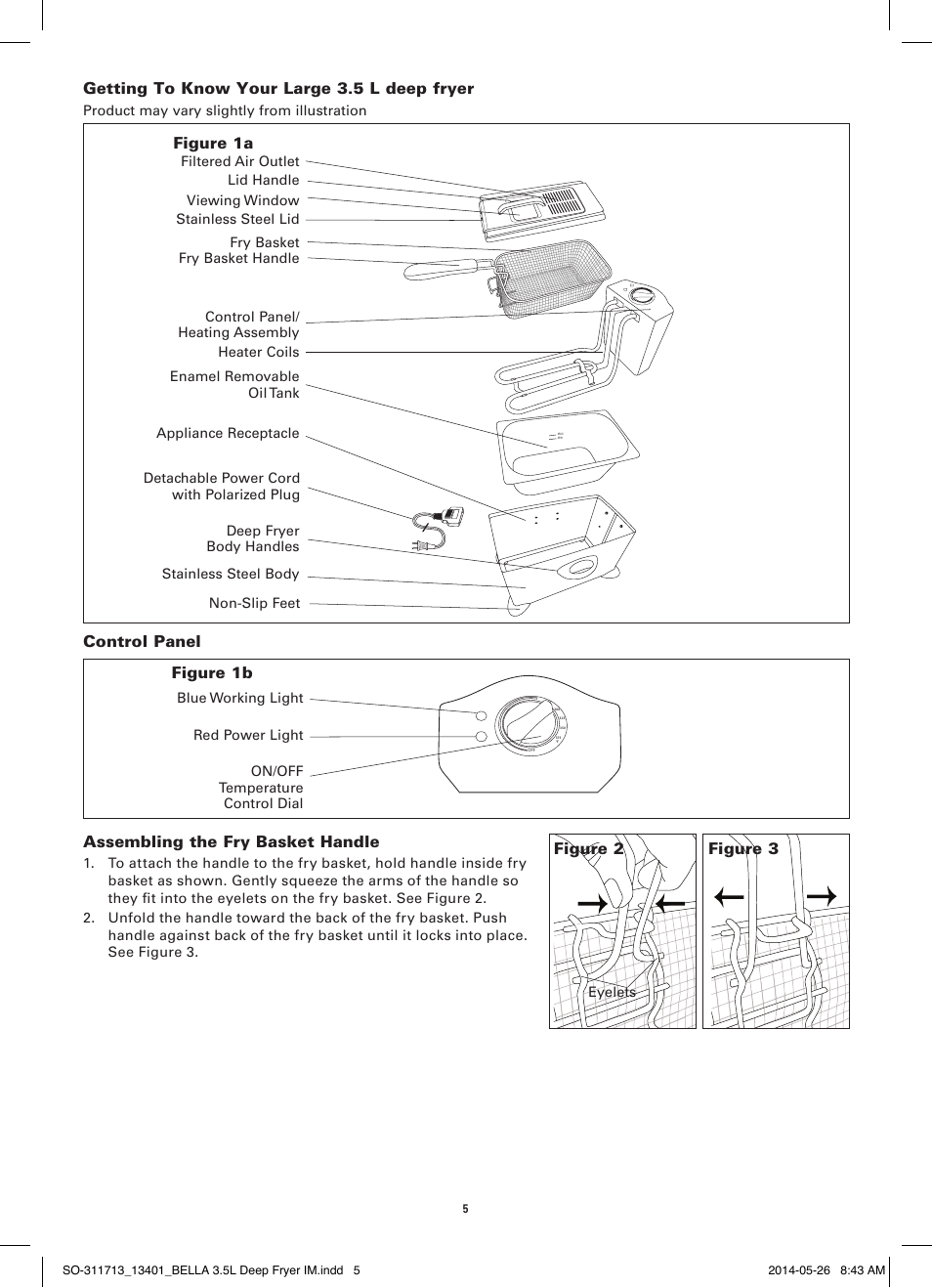 Getting to know your large 3.5 l deep fryer, Figure 1a, Control panel | Figure 1b assembling the fry basket handle, Figure 2 figure 3 | BELLA 13401 3.5L Deep Fryer User Manual | Page 7 / 40