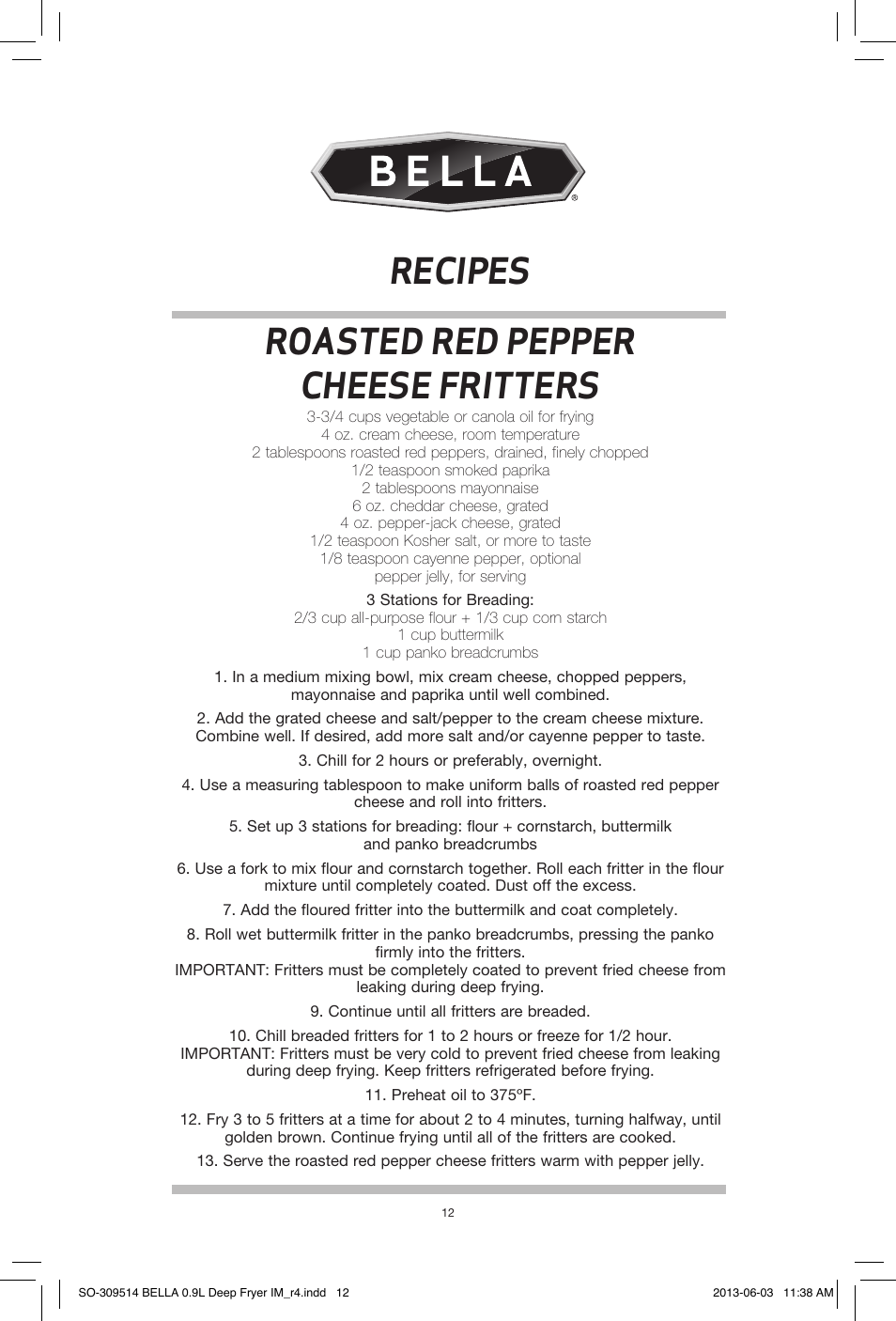 Roasted red pepper cheese fritters, Recipes | BELLA 13769 0.9L Deep Fryer User Manual | Page 14 / 36