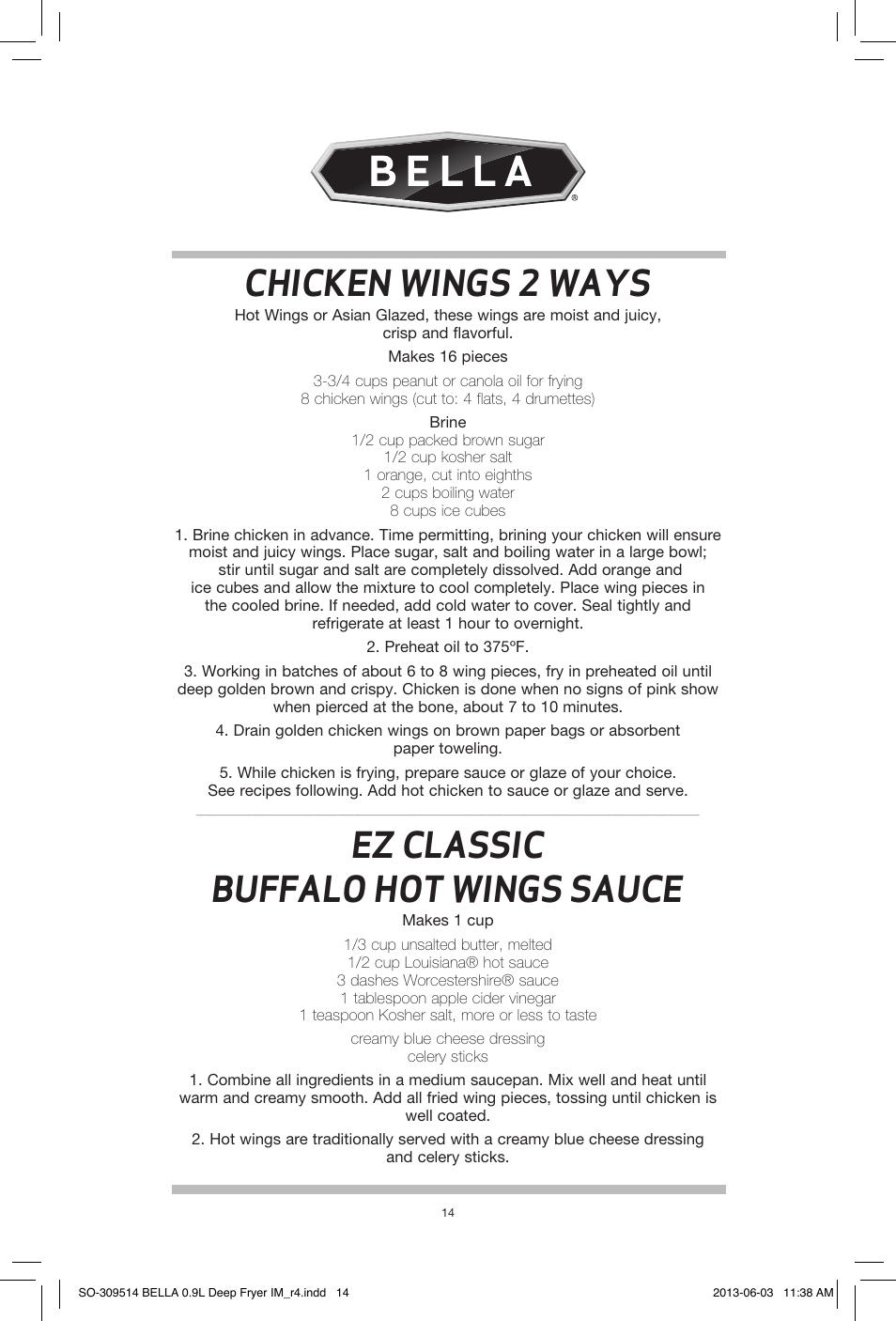 Chicken wings 2 ways, Ez classic buffalo hot wings sauce | BELLA 13769 0.9L Deep Fryer User Manual | Page 16 / 36