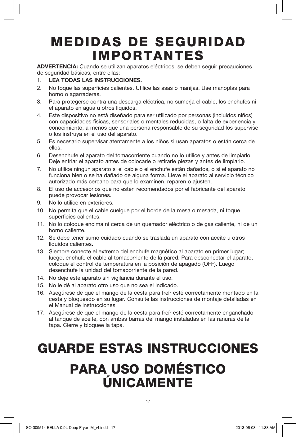 Medidas de seguridad importantes | BELLA 13769 0.9L Deep Fryer User Manual | Page 19 / 36