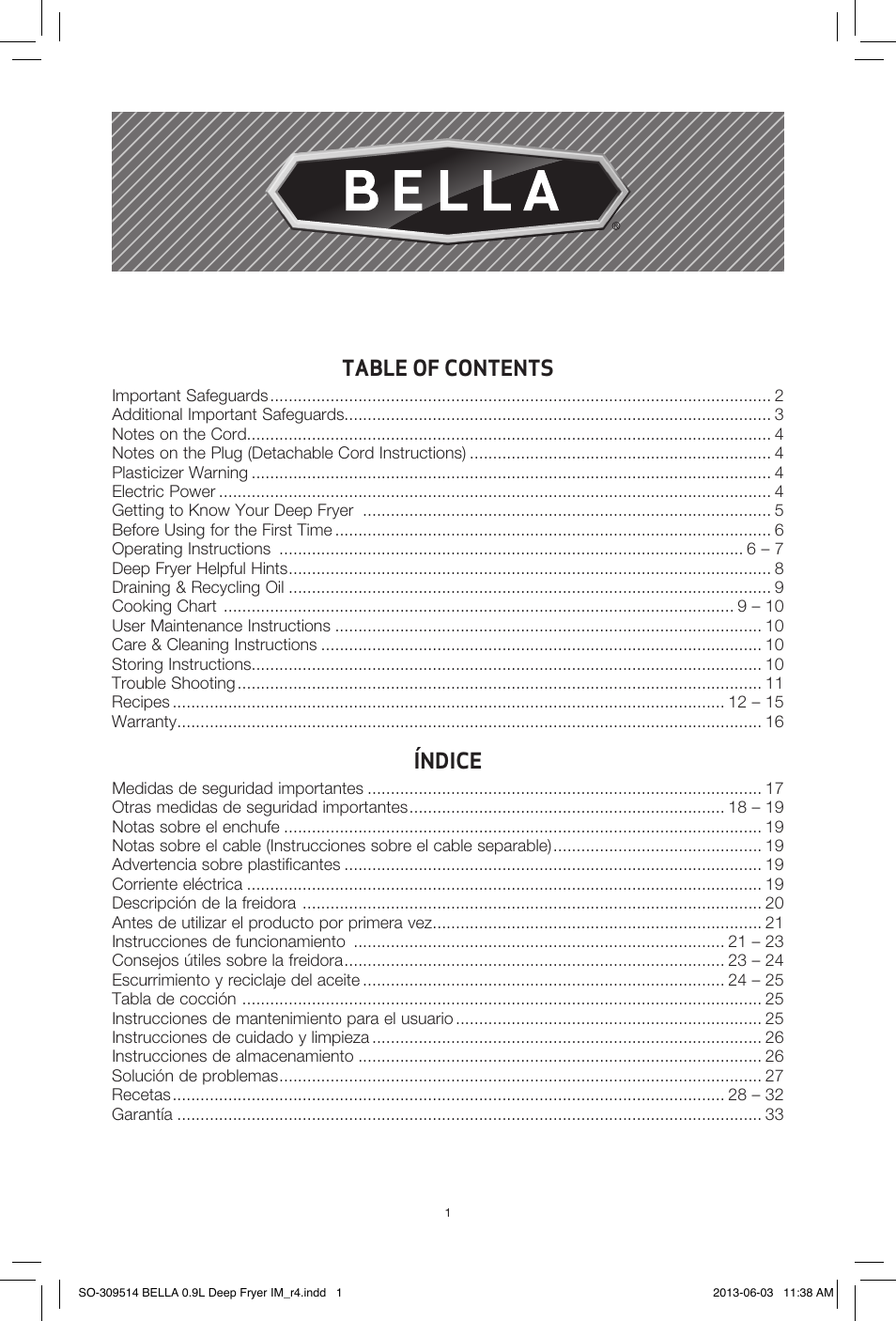 BELLA 13769 0.9L Deep Fryer User Manual | Page 3 / 36