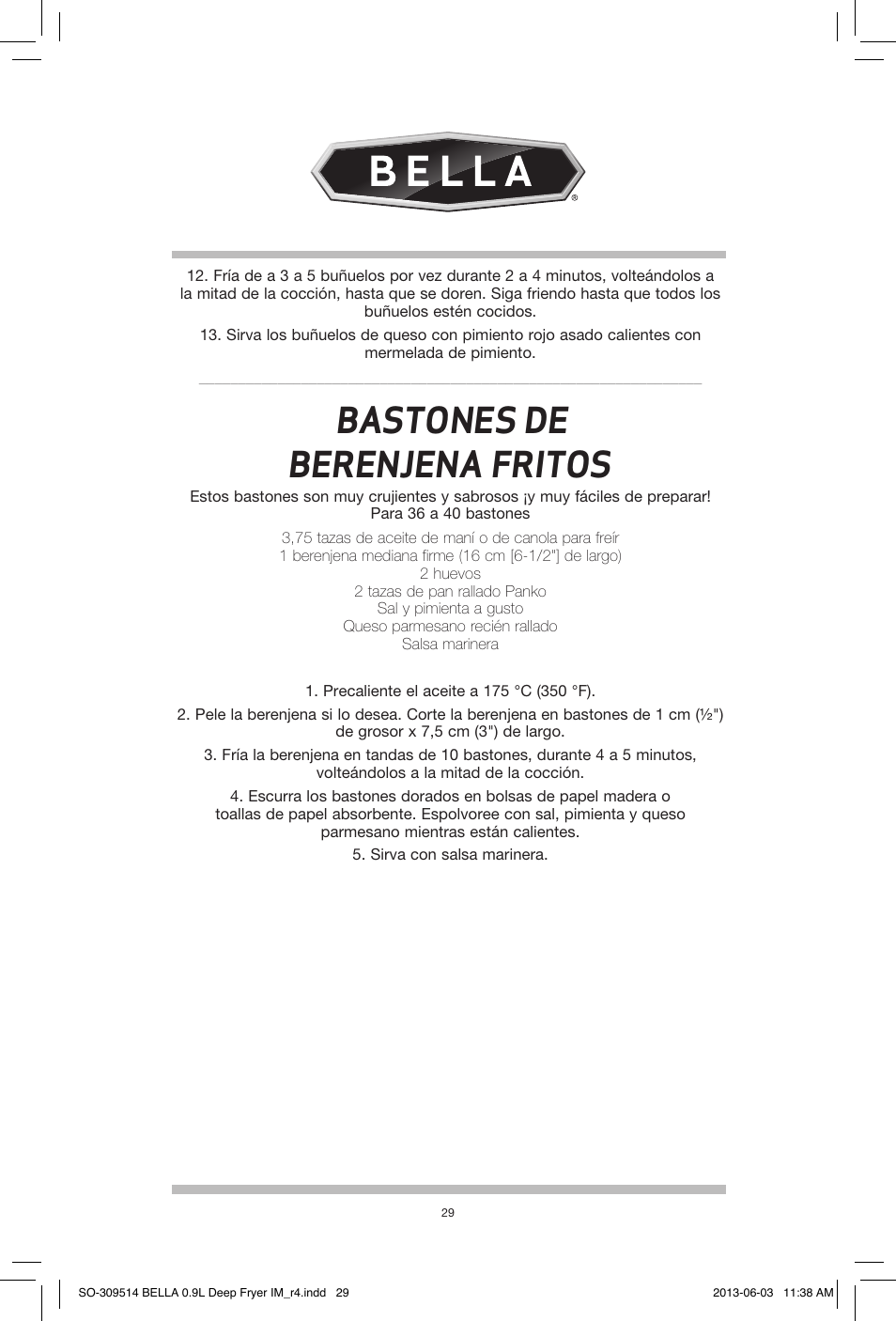 Bastones de berenjena fritos | BELLA 13769 0.9L Deep Fryer User Manual | Page 31 / 36